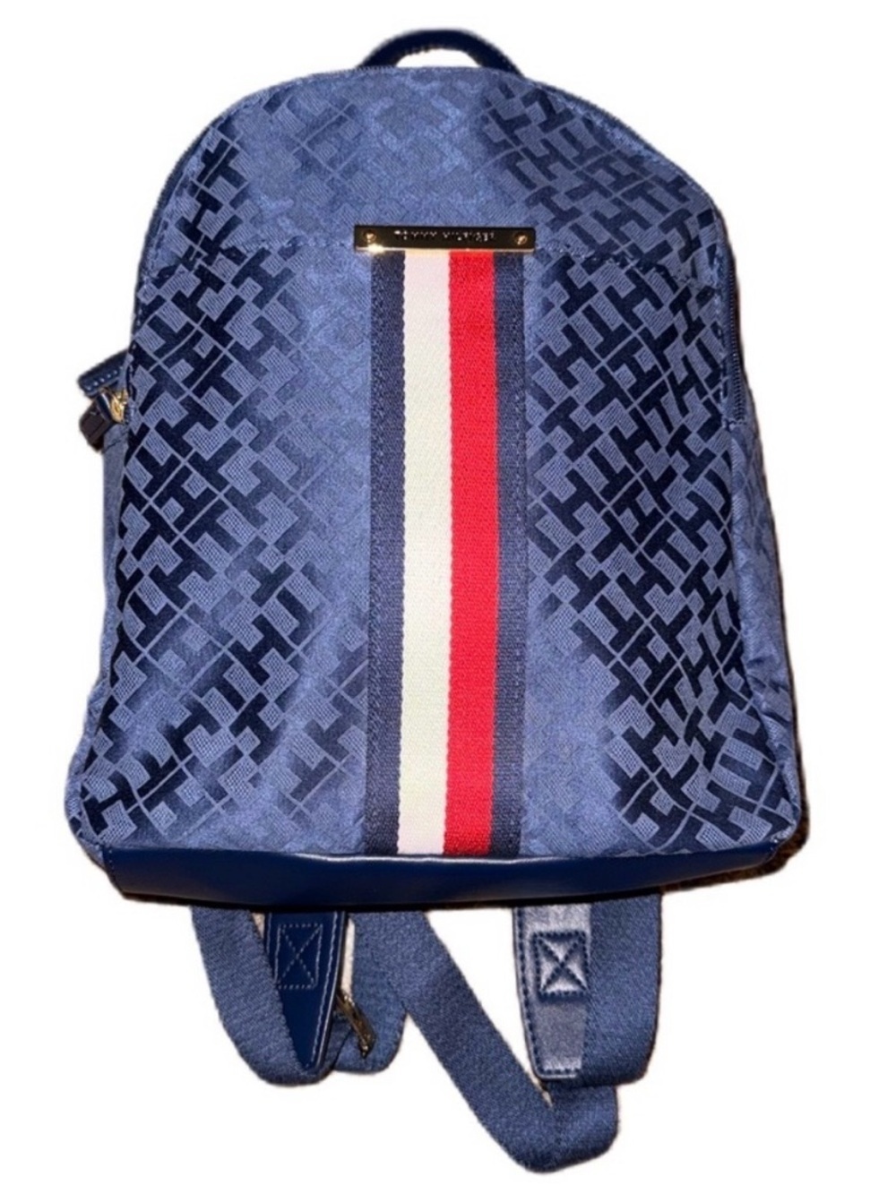 Tommy Hilfiger Backpack Monogram Logo Purse Zipper Pockets Navy Blue Gold Medium